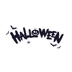 Halloween logo, illustration, banner. Pumpkin face with bats and spider