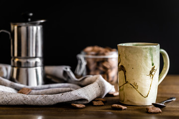 Breakfast with milk coffee and chocolate cereals