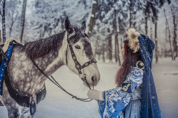 winter forest girl horse