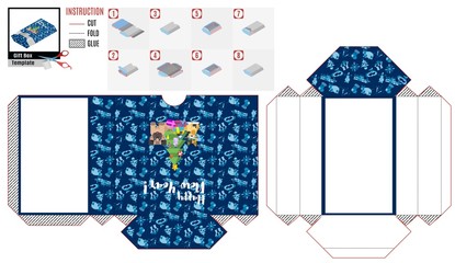 Obraz premium paper box template. Christmas tree with animals on blue.stock image picture