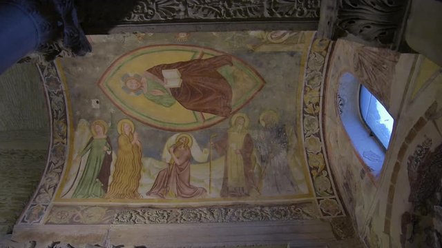 Interior detail of "Tempietto Longobardo / Longobard Temple" colorful paintings / fresco - Unesco world heritage. Built around 760 d.c