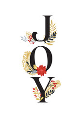 Joy, Merry Christmas card with lettering on elegant floral background. Vector design card and banner