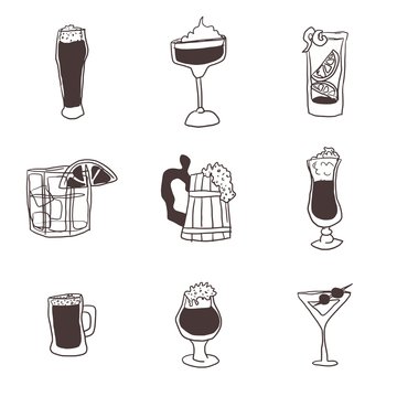 doodles drawings of alcoholic drinks in glasses
