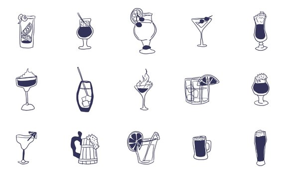 large selection of alcoholic drinks and shots doodle