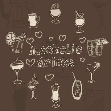 doodles of alcoholic drinks in glasses on a brown background