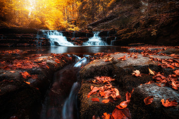 Beautiful waterfall cascade in forest, autumn landscape