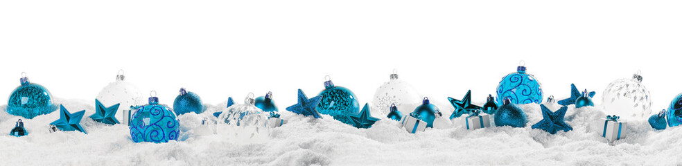 Christmas border with blue ornaments