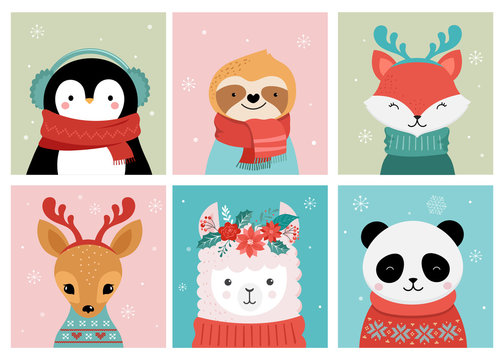Collection of Christmas cute animals, Merry Christmas illustrations of panda, fox, llama, sloth, cat and dog with winter accessories