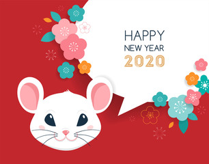 Happy Chinese new year design. 2020 Rat zodiac. Cute mouse cartoon. Vector illustration and banner 