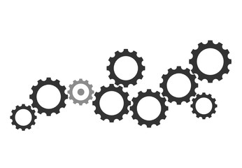 A group of black gears in various sizes isolated on grey background. Concept of industrial, engineering, factory, process, machine and etc. There’s a copy space for your text.
