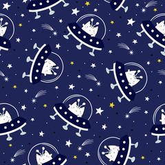 Seamless Pattern Kawaii Cute Cat in Spaceships, Cartoon Animals Background, Vector Illustration. 