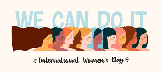 International Womens Day. Vector illustration with women different nationalities and cultures.
