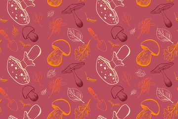 Hand drawn autumn pattern with leaves, mushrooms and berries