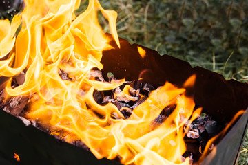 The burning process, open fire, flame, hot coals in the grill for cooking, place for barbecue