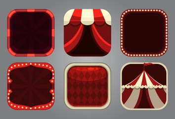 Square app icons in circus style. Festive frames. © lilu330