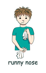 Runny nose. Symptoms of viral and colds. Image of a man with a runny nose. Vector illustration.