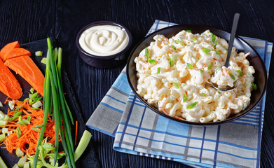 close-up of classic pasta salad, top view