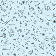 Christmas texture. On a blue background, images of bells, snowmen, sleighs, birds, snowflakes, socks, hats, mittens, Christmas trees, hearts and sweets. Vector illustration.