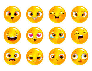 Funny cartoon yellow round faces. Emoji collection.