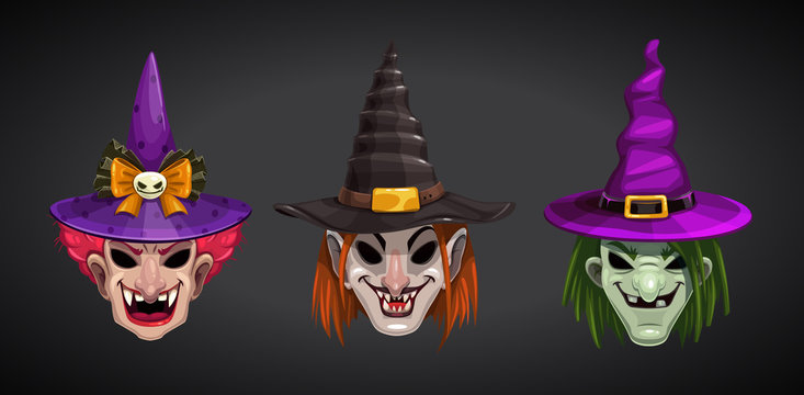 Cartoon witches faces on dark background. Creepy Halloween witch masks set.