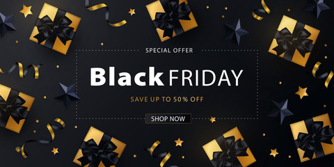 Black Friday Sale banner, poster or flyer design with gold black confetti, gold gift boxes with black bows. Trendy modern design template for advertisement, social and fashion ads. Vector illustration