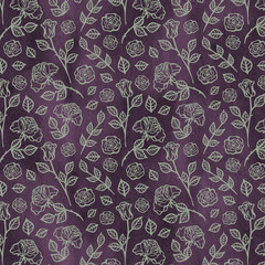 Seamless pattern with floral elements. Hand drawn ornament with violet twigs and flowers. Perfect for greetings, invitations, manufacture wrapping paper, textile, web design.