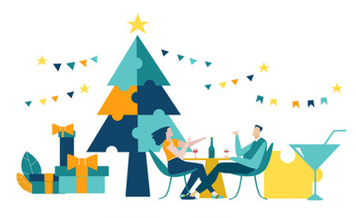 Couple calking infant of Christmas tree, celebrating the Christmas and New year. 