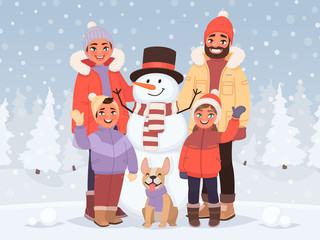 Merry Christmas and Happy New Year. A family in the winter landscape stands next to a snowman