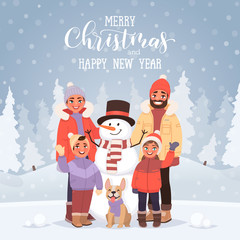Merry Christmas and New Year greeting card with the inscription. Family with a snowman on the background