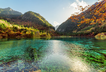 Amazing view of the Five Flower Lake among wooded mountains