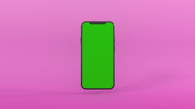 3D realistic computer render mobile phone with green screen rotate from left to right. 4k seamless loop animation with commercial use screen on phone.