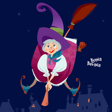 Befana. Old woman flying on a broomstick. Italian Christmas tradition.