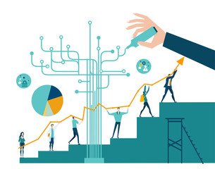 Business people walking up towards the success, holding the arrow as symbol of growth. Business concept illustration. 