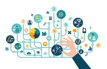 Businessman controlling start up progress, rolling communication icons, developing business and support idea. Business concept illustration. 