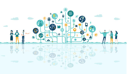 Business people talking next to tech tree, made of icons and communication symbols. Business concept illustration. 
