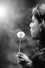 Smiling beautiful girl in wreath of dandelions closed her eyes with dandelions in summer park, concept of summer mood. Black and white image