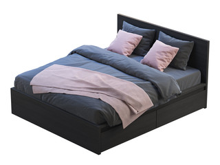 Black wooden double bed with storage boxes and pink accents. 3d render