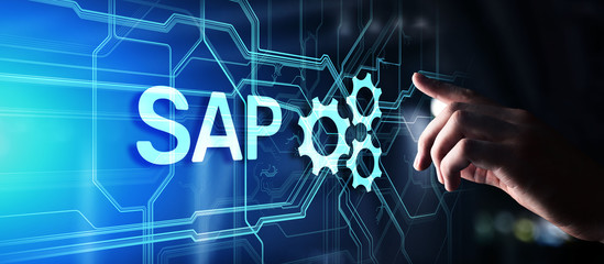 SAP - Business process automation software. ERP enterprise resources planning system concept on...