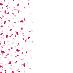 Fototapeta na wymiar Heart falling confetti isolated white background. Pink fall hearts. Valentine day decoration. Love element design, hearts-shape confetti invitation wedding card, romantic holiday. Vector illustration