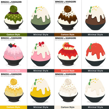 Set of Bingsu or Kakigori most popular dessert korean illustration Vector 