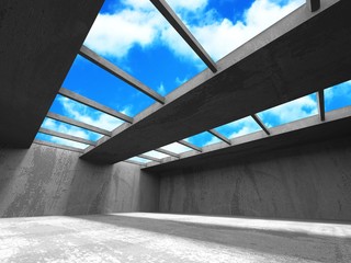 Concrete room wall construction on cloudy sky background