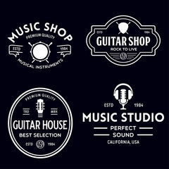 Naklejka premium Set of vintage logo, badge, emblem for music shop, guitar shop. Music icons for audio store, branding or poster.