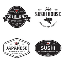 Obraz premium Sushi shop labels and badges design templates set vector, japanese food logos design.