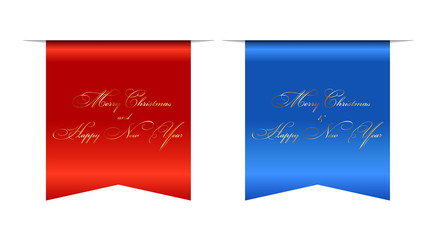 Merry Christmas and Happy New Year wishes, 3D ribbons set isolated white background. Elegant glossy scroll bookmark, gold text for greeting poster. Typographic holiday emblem. Vector illustration