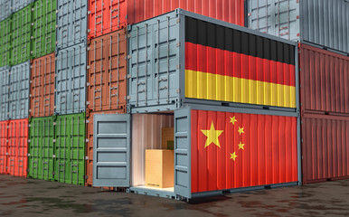 Stacks of Freight containers. German and China flag. 3D Rendering