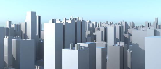 City Urban, 3D panorama on blue sky. Architectural render illustration. Apartment rental - advertising promotion banner. Office business center environment. High-rise skyscrapers - rental estate city