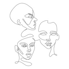 Continuous line vector drawing. Set of faces silhouettes. Abstract portrait.