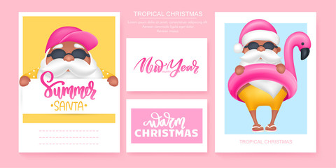 Summer Santa's greeting cards. Vector illustration. Tropical Christmas and Happy New Year in a warm climate design.