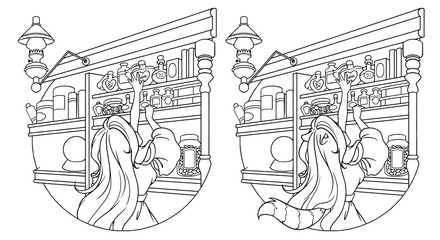 Cute little girl reaching for bottle on shelf in magic shop. Contour vector illustration. Can be used for coloring book,  tattoo, sticker, card, t shirt design.