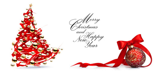 Christmas tree decoration on white background; Christmas greeting card  or seasonal banner background;